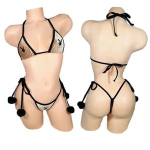 NEW PLAYBOY Velvet Pom Pom Tie Thong Exotic Dancer Bikini Set